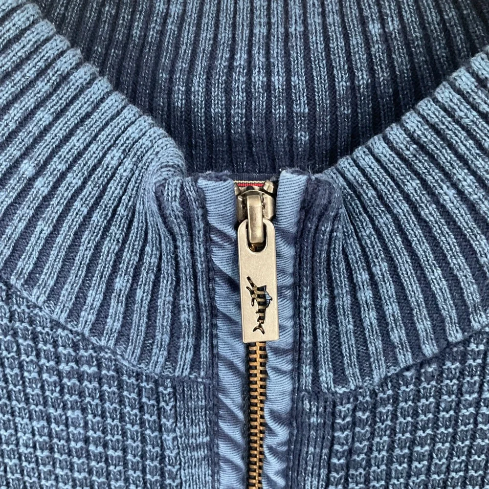 Tommy Bahama Cardigan Sweater Mens XL Blue Full Zip Mock Neck Waffle Knit Preppy
